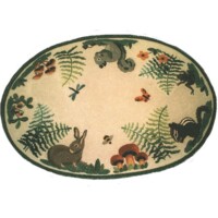 Oval-shaped rug with woodland animal and plant motifs.