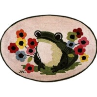 Embroidered frog surrounded by colorful flowers on an oval background.