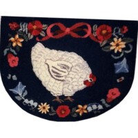 Embroidered white chicken on a black background with floral design.