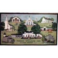 Vintage painted sign depicting the three village inn in stony brook, long island, featuring quaint buildings and pastoral scenery.