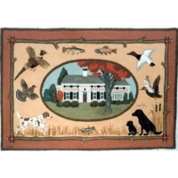 Vintage-style illustration depicting a countryside house with dogs, wildlife, and fish on a decorative rug.