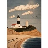 A painting of a coastal scene featuring a lighthouse, buildings, a sandy beach, and birds in the sky.