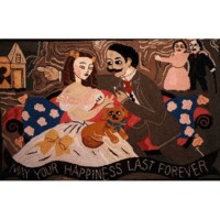 Embroidered folk art depicting a couple with a dog and the phrase "may your happiness last forever.
