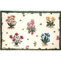Floral rug with various colorful botanical designs on a cream background, framed by a leaf-patterned border.