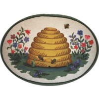 Oval rug with a beehive and floral embroidery design, featuring bees in flight.