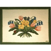 Embroidered floral arrangement with a variety of colorful flowers on a cream background, framed by a green border.
