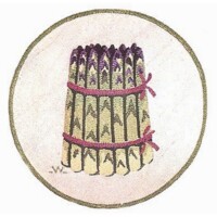 A bundle of asparagus tied with a pink ribbon, embroidered on a circular background.
