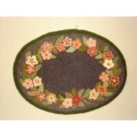 An oval floral rug with a dark center, surrounded by multicolored flowers on a light background.
