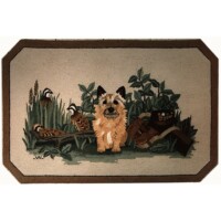 A woven tapestry rug featuring an illustration of a small dog among green foliage.