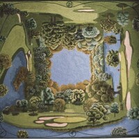 Colorful vintage illustration of a pastoral landscape featuring a pond, trees, and winding paths.