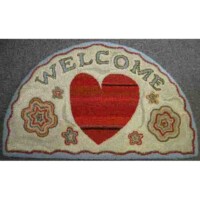 Decorative welcome mat with a heart and geometric patterns.