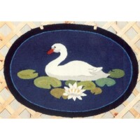 Oval-shaped rug featuring a swan on water with lily pads and a flower.