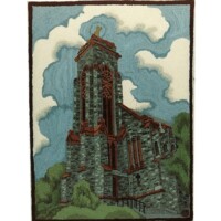 Illustration of a stone church with a prominent bell tower against a cloudy sky.