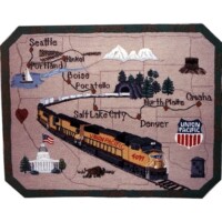 Decorative rug featuring a map with various u.s. city names, a train, and union pacific railroad branding.