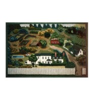 A colorful, detailed needlework image showcasing a rural landscape with a house, barn, trees, and fences.