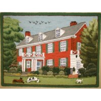 Embroidered depiction of a traditional red brick house with white windows, surrounded by greenery, under a blue sky with flying birds.