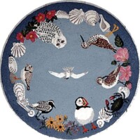 Embroidered circular artwork featuring various bird species and floral elements on a blue background.