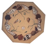 An octagonal rug with a seashell motif on a beige background.