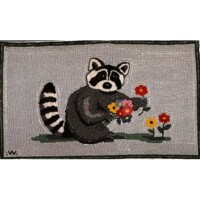 A cartoon-style illustration of a raccoon holding a bouquet of colorful flowers on a grey background, depicted on a woven mat.