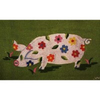 A stylized illustration of a pig with floral patterns on a green background.