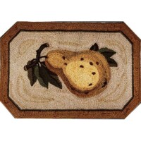 A textured rug with an octagonal shape featuring a pear design in the center.