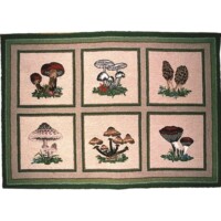 A rectangular textile featuring six embroidered panels of various mushroom species.