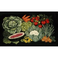 A tapestry featuring a selection of vegetables and a slice of watermelon.