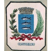 Embroidered coat of arms with fish and plant motifs and the word "caudebec.