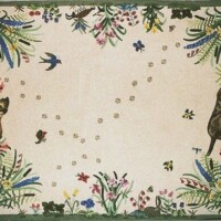 Vintage floral postcard design with kittens playing in the corners.