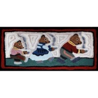 Three anthropomorphic bears depicted on a rug, enjoying a tea party.