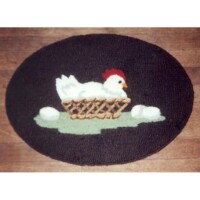 A round rug with a design of a hen in a basket surrounded by eggs.