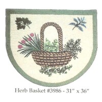 Embroidered semi-circular rug featuring a herb basket design, size 31"x36".