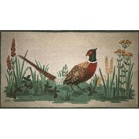 An embroidered depiction of a pheasant among grasses and wildflowers.