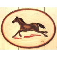 A horse depicted in motion on an oval-shaped rug with a red border.