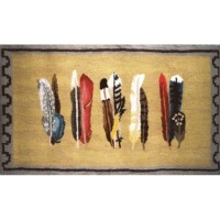 Colorful feather pattern on a decorative rug.