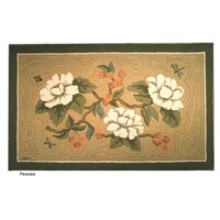 Floral rug featuring a peonies design with a beige background and a black border.