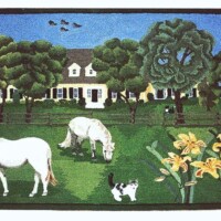 Two horses and a cat in a pastoral scene with a house in the background.