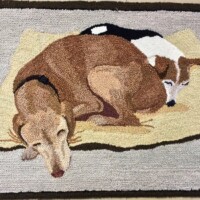 Two dogs resting on a rug.