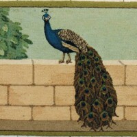 A rug featuring a peacock standing on a brick wall with a tree in the background.