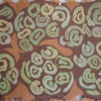 Textured mat with swirl pattern design in shades of green and brown.