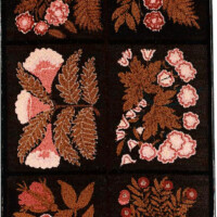 Floral embroidery on black fabric showcasing various pink and red flowers with brown leaves.