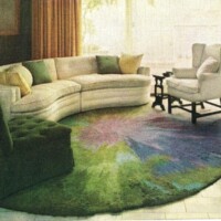 A cozy living room with a curved sofa, armchair, and a colorful round rug.