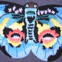 Colorful moth-shaped rug on a dark background.