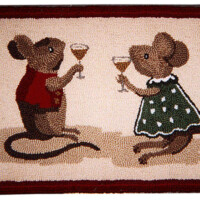 Two animated mice toasting with a glass on a decorative rug.