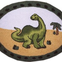 Embroidered patch featuring a green dinosaur in a desert landscape, framed by a dotted oval border.
