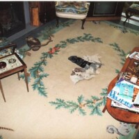 A dog resting on a patterned rug in a cozy living room with eclectic furnishings and scattered reading materials on the coffee table.