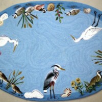 Embroidered oval artwork depicting various bird species and aquatic plants against a blue background.