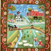 Embroidered pastoral scene with animals, a farmhouse, and figures on a textured fabric.