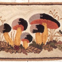 Embroidered tapestry depicting a variety of mushrooms in a natural setting.