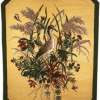 Embroidered depiction of a bird among flora on an octagonal canvas.